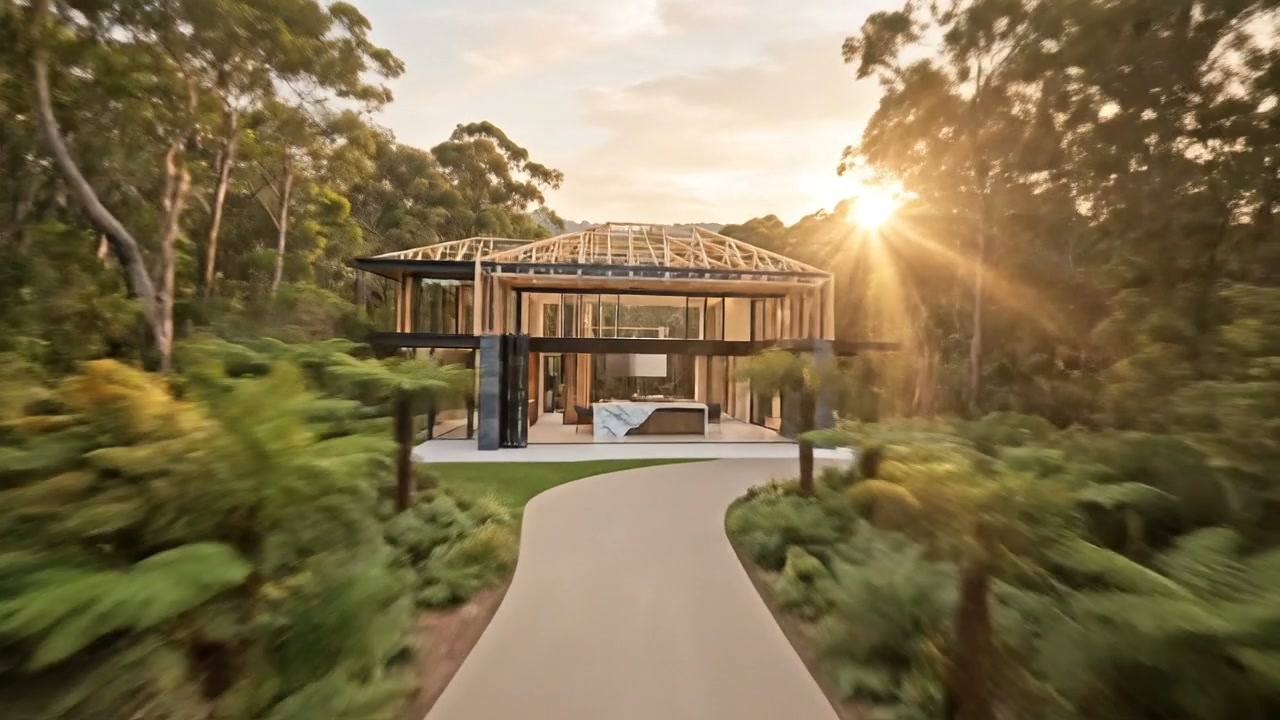 Approach to the home with exposed timber roof framing mid-assembly against the sky