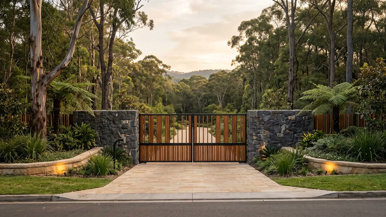 Closed charcoal-stone and timber entrance gate at golden hour, framed by native bushland
