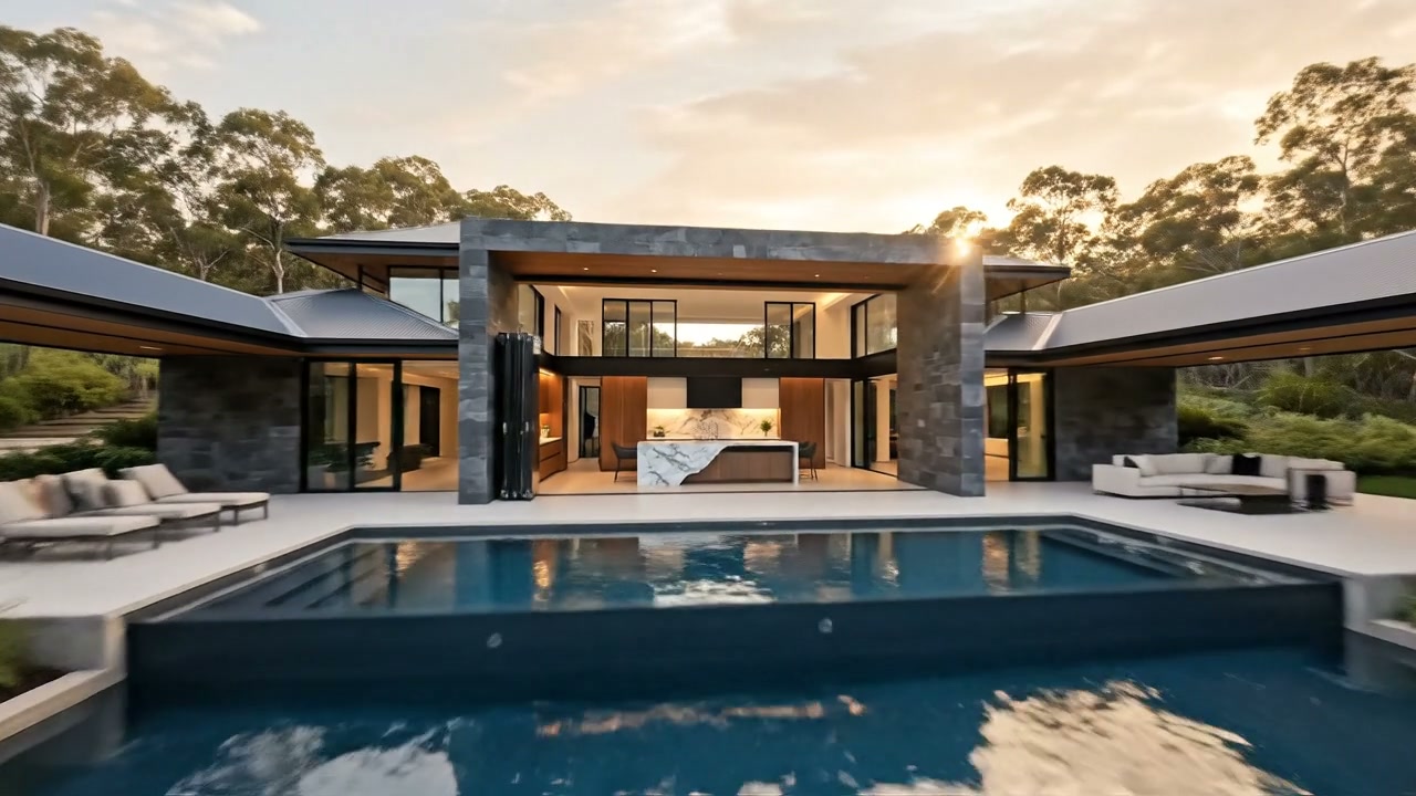 Pool and outdoor loungers catching golden reflections in the evening light