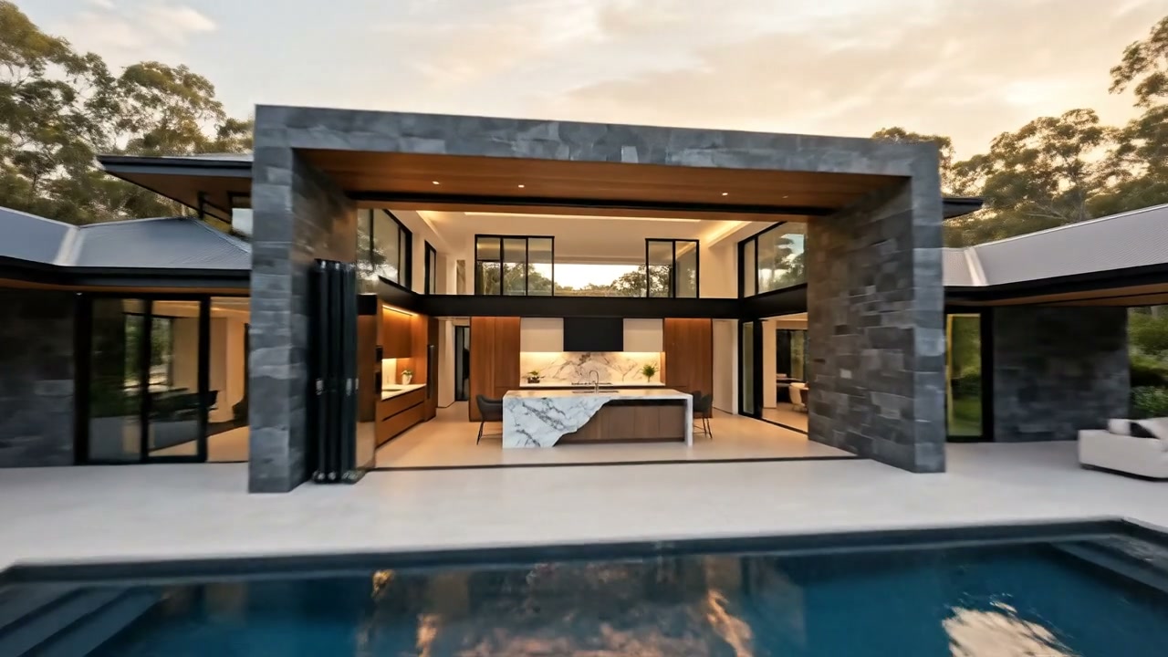 Stone portal facade at dusk with the kitchen glowing inside and the pool edge in the foreground