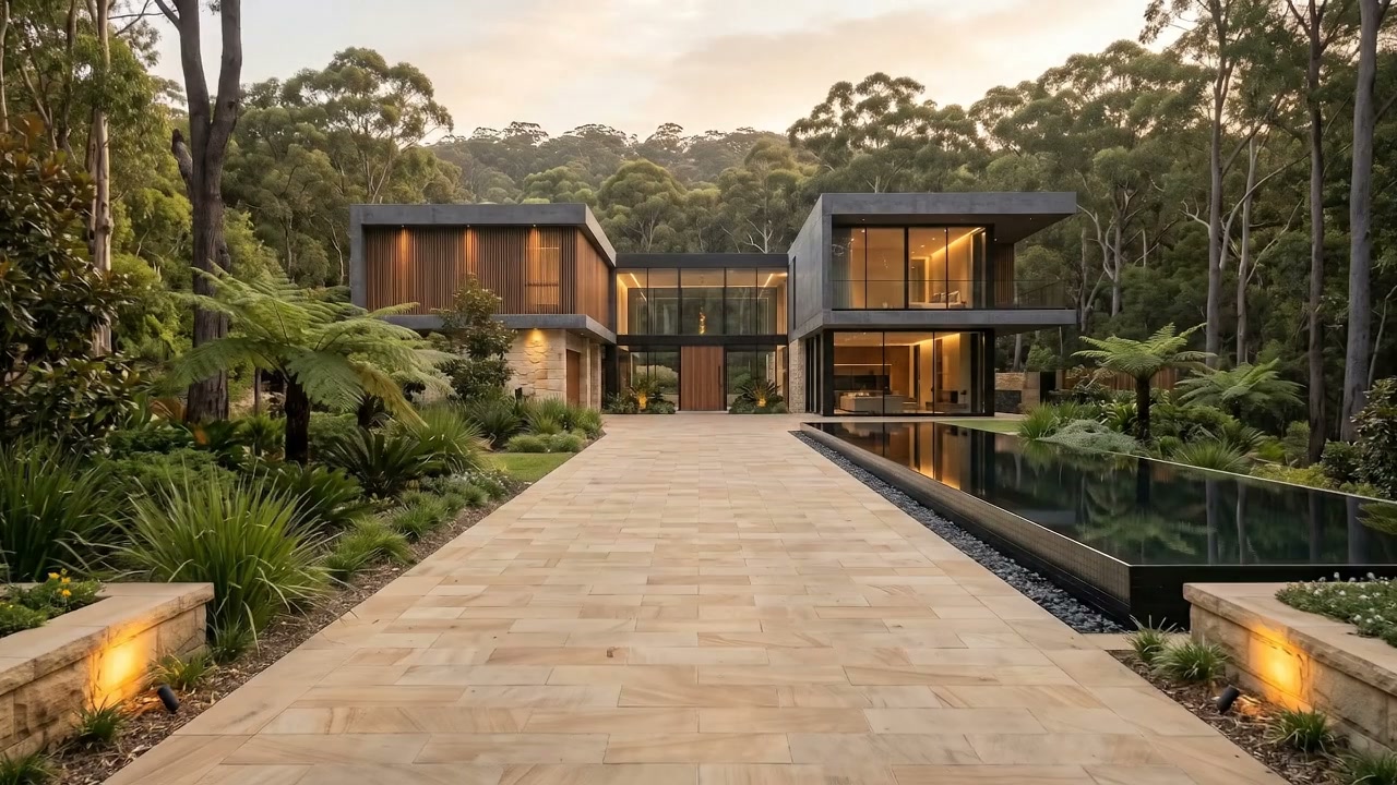 Symmetrical paved walkway and reflecting pool leading to the glowing two-storey home at night